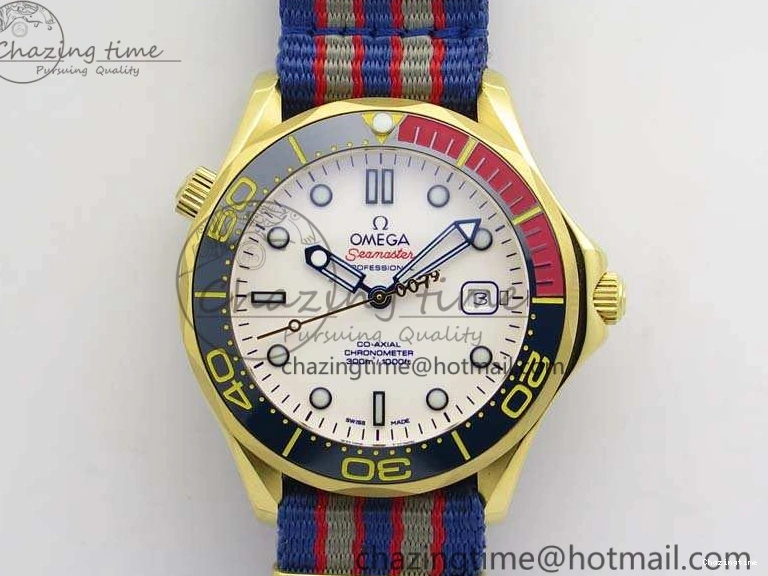 0327 Modern Seamaster 300M 007 YG URF 1:1 Best Edition White Dial Ceramic Bezel On Nylon Strap A 8115